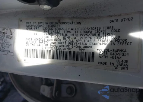 2002 Toyota Highlander V6 from USA, damaged, VIN JTEGF21A920070787